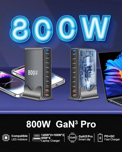 كتلة شاحن سريع USB C بقدرة 320 واط، محطة شحن USB ذات 8 منافذ، GaN Ⅲ Pro 100 واط PD PPS منفذ شحن سريع، شاحن حائط للكمبيوتر المحمول متوافق مع MacBook/iPhone 16/iPad/Galaxy S23/22 إلخ in Kuwait