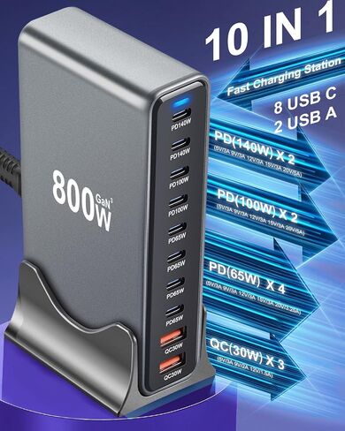 كتلة شاحن سريع USB C بقدرة 320 واط، محطة شحن USB ذات 8 منافذ، GaN Ⅲ Pro 100 واط PD PPS منفذ شحن سريع، شاحن حائط للكمبيوتر المحمول متوافق مع MacBook/iPhone 16/iPad/Galaxy S23/22 إلخ in Kuwait