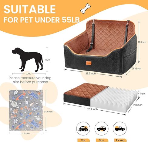 Dog Car Seat for Medium Dog, Booster Car Seat for Dog Under 55lb, Elevated Pet Car Seat with Pocket, Anti-Slip Dog Bed for Car, Perfect for Back Seat & Trunk with 2 Safety Leashes(Black/Grey) in Kuwait