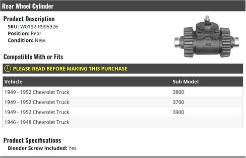 Rear Brake Wheel Cylinder - Compatible with 1946-1952 Chevy Truck in Saudi Arabia