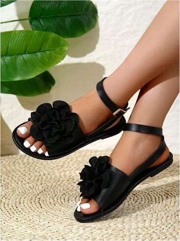 GORGLITTER Women's 3D Flower Sandals Ankle Strap Open Toe Dressy Flat Sandals in Saudi Arabia