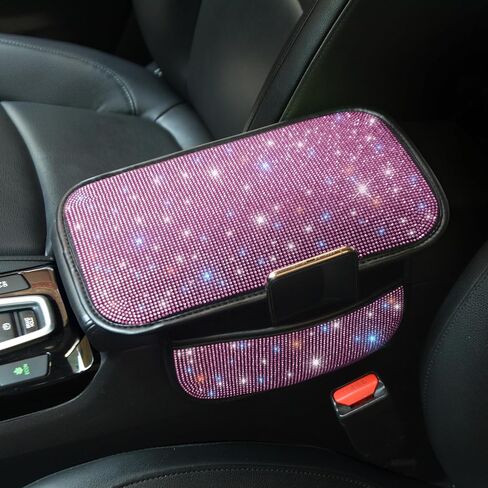 for White Bling Car Armrest Cover with Diamond Rhinestones - Universal Center Console Cover Protector with Side Pockets for Car Accessories fit Women fit Most Cars, Trucks, and SUV. in Saudi Arabia