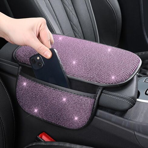 for White Bling Car Armrest Cover with Diamond Rhinestones - Universal Center Console Cover Protector with Side Pockets for Car Accessories fit Women fit Most Cars, Trucks, and SUV. in Saudi Arabia