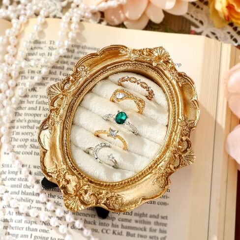 Liliaafar Vintage Ring Holder Round Green Mat Ring Wedding Display Suede Jewelry Box Stand Frame Earring Tray Anniversary Engagement Baroque Organizer Photograph Prop for Women Birthday Gifts in Kuwait