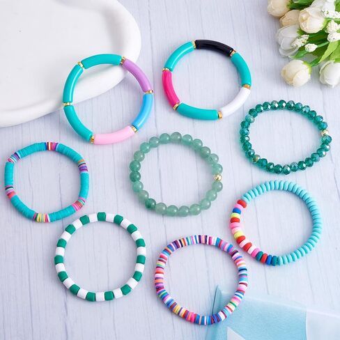 8pcs مجموعة سوار Heishi Surfer - سوار قابلة للتكديس preppy سوار الخيزران الأنبوبية الاصطناعية jasper و bead bead stretch stretch الجمالية بوهو المجوهرات in Kuwait