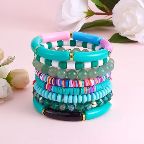 8pcs مجموعة سوار Heishi Surfer - سوار قابلة للتكديس preppy سوار الخيزران الأنبوبية الاصطناعية jasper و bead bead stretch stretch الجمالية بوهو المجوهرات in Kuwait