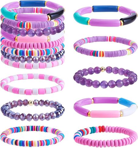 8Pcs Heishi Surfer Bracelet Set - Stackable Preppy Bracelet Acrylic Bamboo Tube Bracelet Synthetic Imperial Jasper & Glass Bead Stretch Bracelets Aesthetic Boho Jewelry in Saudi Arabia