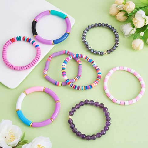 8Pcs Heishi Surfer Bracelet Set - Stackable Preppy Bracelet Acrylic Bamboo Tube Bracelet Synthetic Imperial Jasper & Glass Bead Stretch Bracelets Aesthetic Boho Jewelry in Saudi Arabia