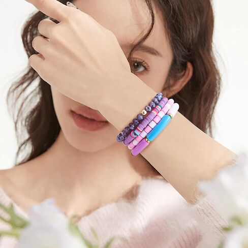 8Pcs Heishi Surfer Bracelet Set - Stackable Preppy Bracelet Acrylic Bamboo Tube Bracelet Synthetic Imperial Jasper & Glass Bead Stretch Bracelets Aesthetic Boho Jewelry in Saudi Arabia