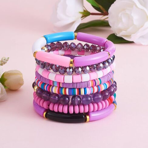 8Pcs Heishi Surfer Bracelet Set - Stackable Preppy Bracelet Acrylic Bamboo Tube Bracelet Synthetic Imperial Jasper & Glass Bead Stretch Bracelets Aesthetic Boho Jewelry in Saudi Arabia
