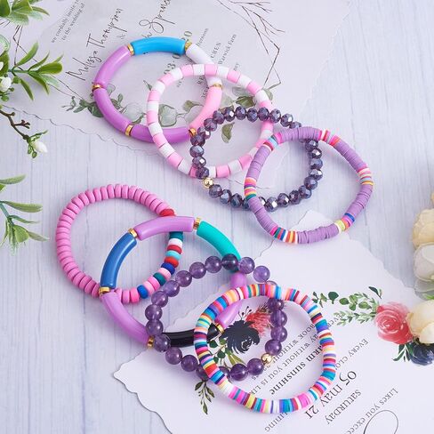 8Pcs Heishi Surfer Bracelet Set - Stackable Preppy Bracelet Acrylic Bamboo Tube Bracelet Synthetic Imperial Jasper & Glass Bead Stretch Bracelets Aesthetic Boho Jewelry in Saudi Arabia