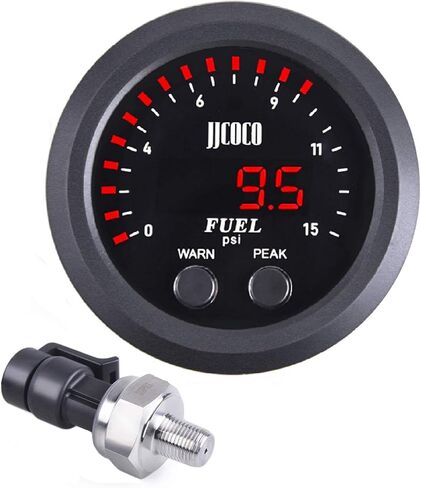 Fuel Pressure Gauge 2‑1/16in 52mm Ultraslim 15PSI Red LED DC12V-24V with Alarm and Electronic Sensor for Car & Truck in Kuwait