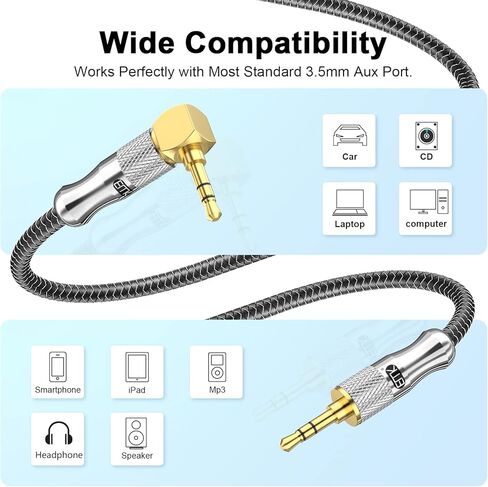 EMK 90 Degree Male to Right Angle Male 3.5mm Stereo Audio Aux Cable 0.5M Gold Plated Dual Angled TRS Aux Cord Compatible with Laptop, Smartphone, Music Player, Tablets, Speakers in Kuwait