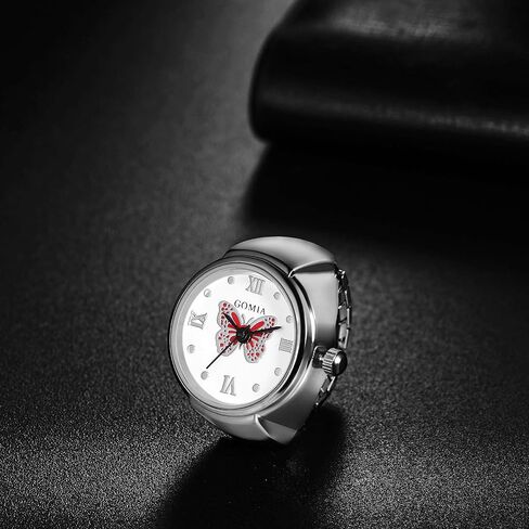 Lancardo Ring Watch for Women Elastic Band Butterfly Arabic Numerals Dial Quartz Movement Bling Silver Tone Finger Watch in Kuwait