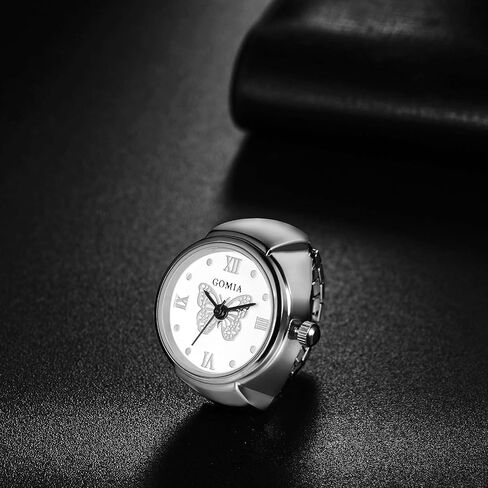 Lancardo Ring Watch for Women Elastic Band Butterfly Arabic Numerals Dial Quartz Movement Bling Silver Tone Finger Watch in Kuwait