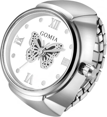 Lancardo Ring Watch for Women Elastic Band Butterfly Arabic Numerals Dial Quartz Movement Bling Silver Tone Finger Watch in Kuwait