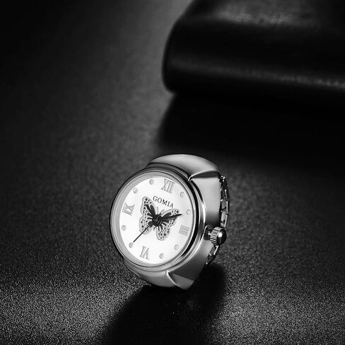 Lancardo Ring Watch for Women Elastic Band Butterfly Arabic Numerals Dial Quartz Movement Bling Silver Tone Finger Watch in Kuwait