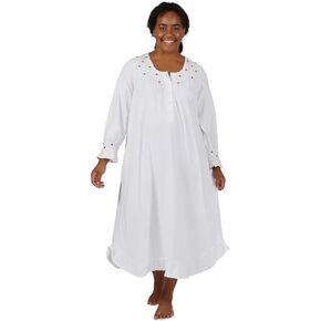 LA CERA Women's Plus Size Cotton Knit Smock Nightgown, Long Sleeves, Scoop Neck, Embroidered Rose Buds in Kuwait