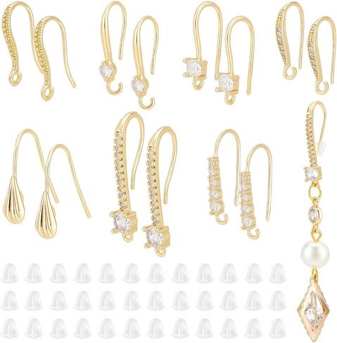 UniCraftale حوالي 20pcs النحاس Micro Pave واضحة Zirconia kistring خطافات حقيقية 18K مطلي بالذهب الخطاف مع الحلقة و 40pcs الأذن البلاستيك طول 17 ملم للمجوهرات DIY لصنع النتائج in Saudi Arabia
