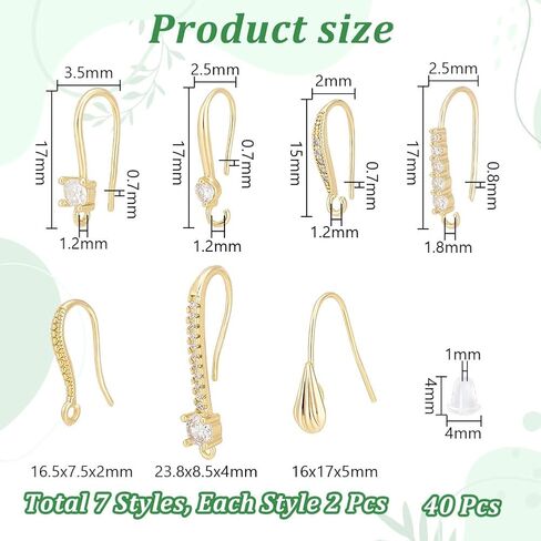 UniCraftale حوالي 20pcs النحاس Micro Pave واضحة Zirconia kistring خطافات حقيقية 18K مطلي بالذهب الخطاف مع الحلقة و 40pcs الأذن البلاستيك طول 17 ملم للمجوهرات DIY لصنع النتائج in Saudi Arabia