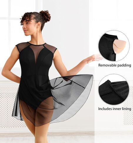 WYHDY Lyrical Dance Costume for Women Contemporary Dance Dress Cap Sleeve Crew Neck Removable Padding Hollow Back Mesh Design in Kuwait