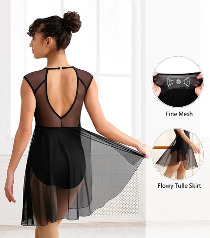 WYHDY Lyrical Dance Costume for Women Contemporary Dance Dress Cap Sleeve Crew Neck Removable Padding Hollow Back Mesh Design in Kuwait