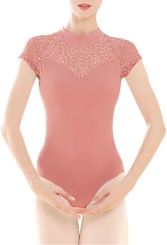 Women Ballet Leotards Gymnastics Bodysuit Lace Splice Dance Wear High Necked Ballets Bodysuits in Saudi Arabia