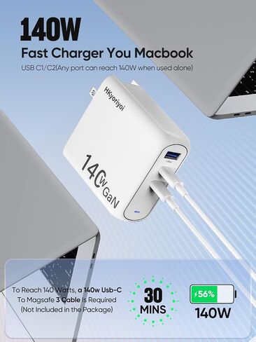140W USB C Charger, PD3.1 GaN Charger 3 Port 140w USB-C Power Adapter with 5ft Detachable Power Extension Cord for MacBook Pro, Dell XPS, iPad Pro, Galaxy, iPhone 16/15 Pro, Chromebook and More in Kuwait