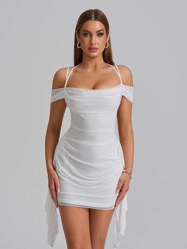 KUTUMAI Women Sexy Bodycon Mini Dress Ruffle Mesh Ruched Short Homecoming Party Club Dresses in Saudi Arabia