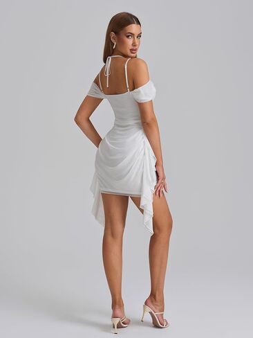 KUTUMAI Women Sexy Bodycon Mini Dress Ruffle Mesh Ruched Short Homecoming Party Club Dresses in Saudi Arabia