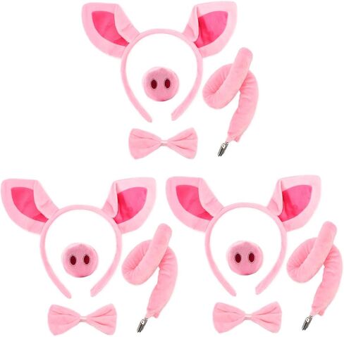 HODRME 4 Pieces Pig Ears and Tail Set-Pink Pig Headband Tail Nose Bow Tie Cosplay Party Halloween Costume Accessories in Kuwait