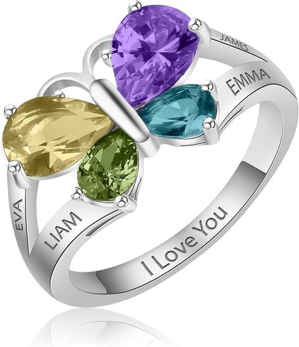 حلقة الفراشة الفضية الفضية الاسترليني للنساء وعد بوعد خواتم الاسم للبنات ، أفضل الأصدقاء ، الأمهات المحفوظات المخصصة رنين 4 مواليد الأحجار in Kuwait