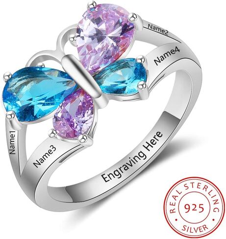 حلقة الفراشة الفضية الفضية الاسترليني للنساء وعد بوعد خواتم الاسم للبنات ، أفضل الأصدقاء ، الأمهات المحفوظات المخصصة رنين 4 مواليد الأحجار in Kuwait