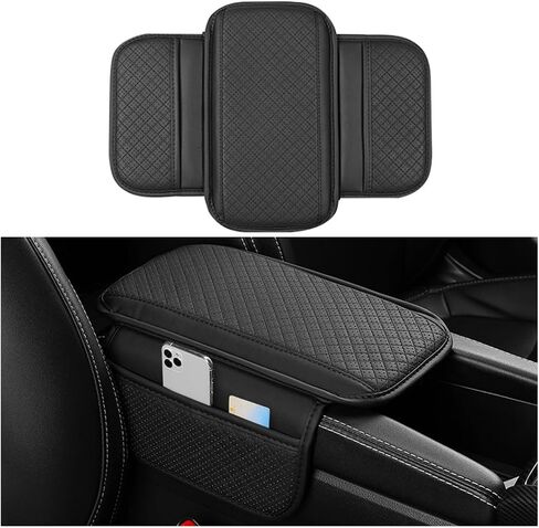 Car Center Console Cover, Leather Vehicle Armrest Cushion with 2 Storage Bags, Automotive Interior Arm Rest Seat Box Pad Accessories, Universal for SUV, Sedan, Truck (Black) in Saudi Arabia