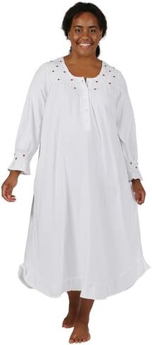 LA CERA Women's Plus Size Cotton Knit Smock Nightgown, Long Sleeves, Scoop Neck, Embroidered Rose Buds in Saudi Arabia