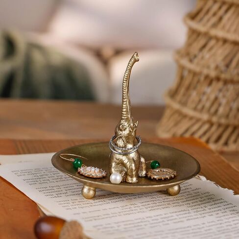 NIKKY HOME Vintage Gold Ring Holder Jewelry Dish, Good Luck Elephant Trinket Display Decorative Metal Tray Bowl Classy Birthday Christmas Gifts for Women in Kuwait