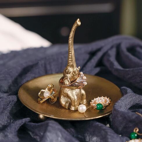 NIKKY HOME Vintage Gold Ring Holder Jewelry Dish, Good Luck Elephant Trinket Display Decorative Metal Tray Bowl Classy Birthday Christmas Gifts for Women in Kuwait