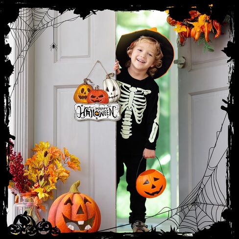 Barydat Halloween ترحيب علامة الباب الهيكل العظمي اليقطين الباب الأمامي إكليل ديكور ريفي معلق إكليل خشبي سيارة علامات في الهواء الطلق لمستلزمات حفلات الهالوين (شبح) in Saudi Arabia