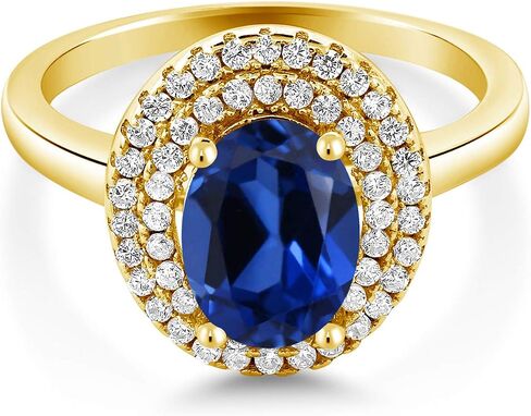 GEM Stone King 18K الذهب الأصفر المطلي بالفضة 8 × 6 مم البيضاوي الأحجار الكريمة الحجر المولد خاتم الخطوبة هالة مزدوجة | رنين الوعد الذكرى السنوية للنساء | حجم 5،6،7،8،9 in Saudi Arabia