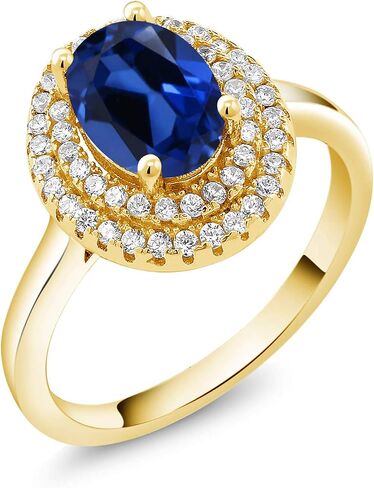 GEM Stone King 18K الذهب الأصفر المطلي بالفضة 8 × 6 مم البيضاوي الأحجار الكريمة الحجر المولد خاتم الخطوبة هالة مزدوجة | رنين الوعد الذكرى السنوية للنساء | حجم 5،6،7،8،9 in Saudi Arabia