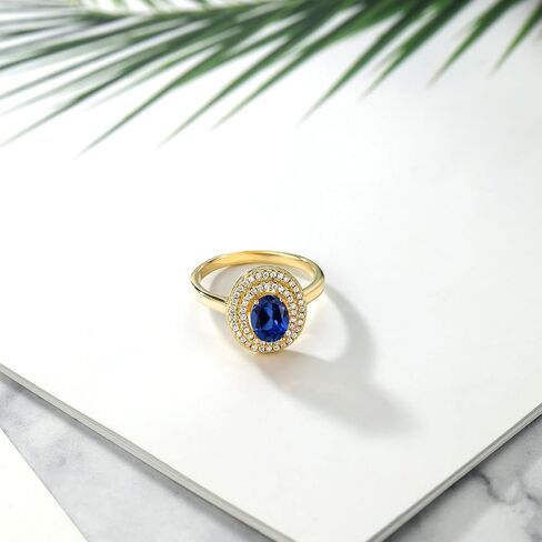 GEM Stone King 18K الذهب الأصفر المطلي بالفضة 8 × 6 مم البيضاوي الأحجار الكريمة الحجر المولد خاتم الخطوبة هالة مزدوجة | رنين الوعد الذكرى السنوية للنساء | حجم 5،6،7،8،9 in Saudi Arabia