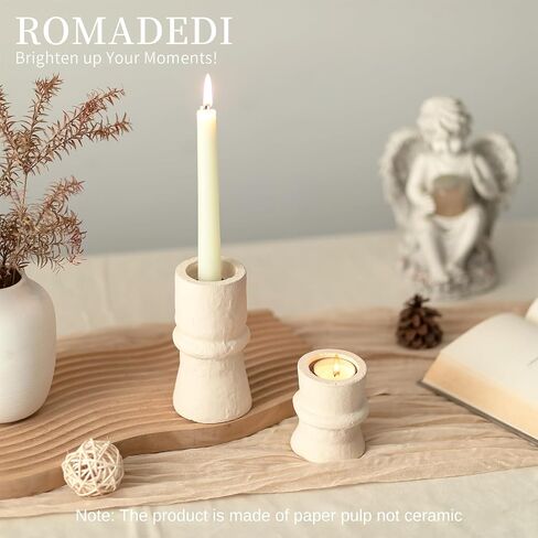 Romadedi Candlestick Holders Boho Decor: Taper Candle Holders Paper Mache for Living Room Morden Decorations White Candle Stick Dining Table Centerpiece Fireplace Home Decoration Beige in Saudi Arabia