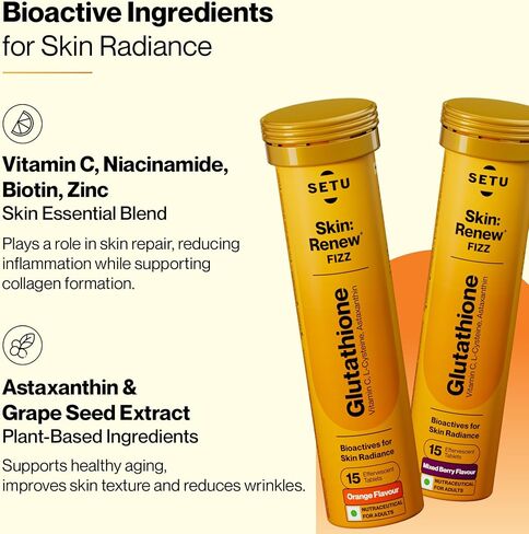 SETU Skin Renew, Glutathione with Vitamin C, Gluta Fizz, Supports Detoxification, Sugar-Free, Orange Flavour, 30 Effervescent Tablets in Saudi Arabia