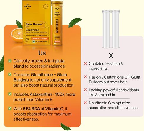 SETU Skin Renew, Glutathione with Vitamin C, Gluta Fizz, Supports Detoxification, Sugar-Free, Orange Flavour, 30 Effervescent Tablets in Saudi Arabia