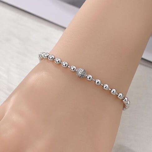 925 Sterling Silver Beaded Ball Bangle Love Lucky Bracelets for Women - Square Letter/Shiny Silver Ball Strand Jewelry | Elegant Daily Wear in Kuwait