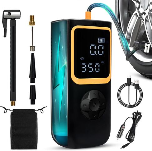 Portable Air Compressor Tire Inflator, Pressure Guage, Portable Charger, Ball/Tires/Motorcycle/Bikes/Cars, Built-in Flashlight, Dual LCD Screen 150PSI in Saudi Arabia