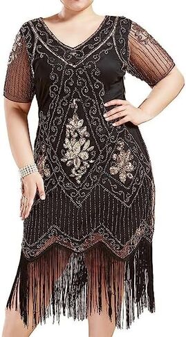 866 - Plus Size 1920s Vintage Fringed Gatsby Sequin Beaded Tassels Hem Flapper Party Prom Cocktail Concert Dress in Saudi Arabia