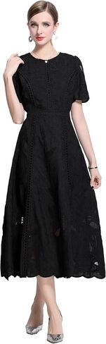 Lai Meng Five Cats Women's Flowy Floral Lace Short Sleeve Round Dound Devel Dress in Kuwait