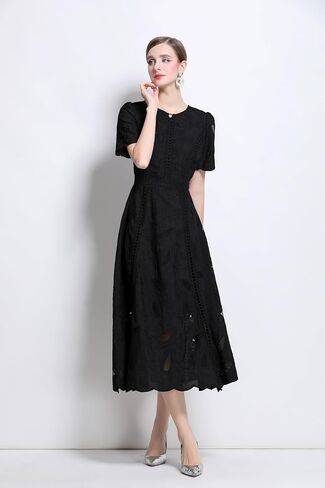Lai Meng Five Cats Women's Flowy Floral Lace Short Sleeve Round Dound Devel Dress in Kuwait