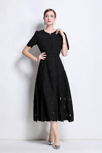 Lai Meng Five Cats Women's Flowy Floral Lace Short Sleeve Round Dound Devel Dress in Kuwait